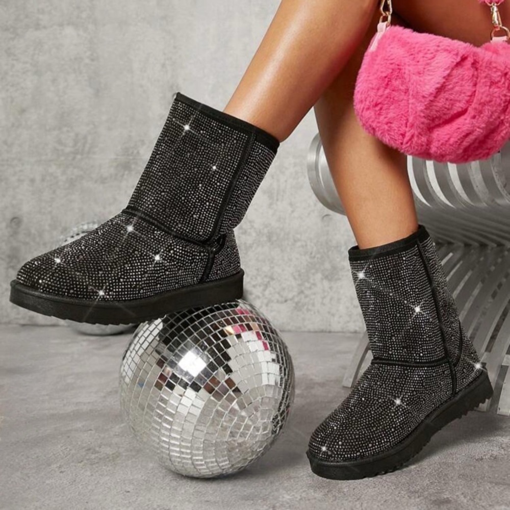 Kids Black Rhinestone Cozy boots
